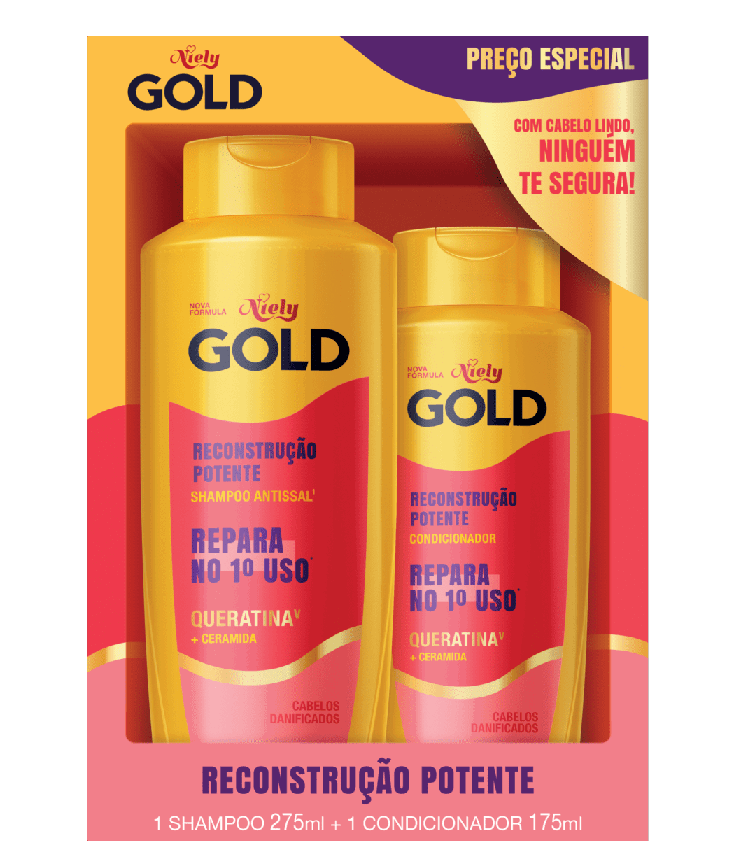 Imagem Packshot Kit Especial (Shampoo + Condicionador) Niely Gold Reconstrução Potente | Fique Diva